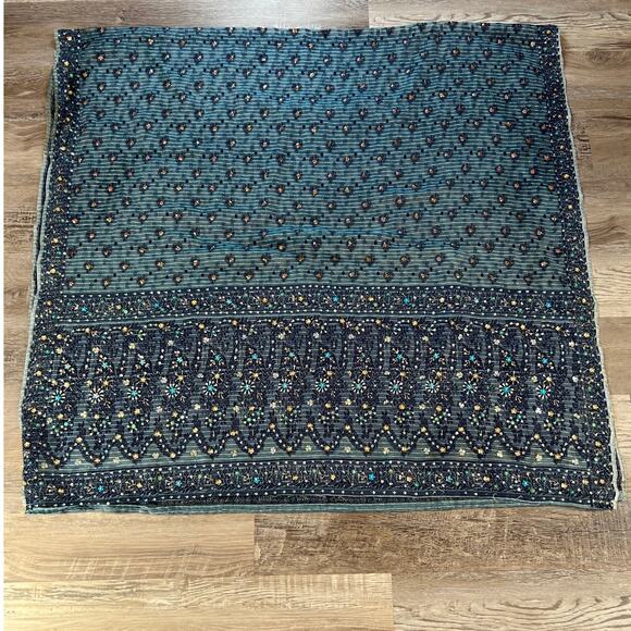 Vintage Beaded Sheer Tablecloth or Textile Panel Teal Mesh Sequin Floral 42x80 - Picture 3 of 6